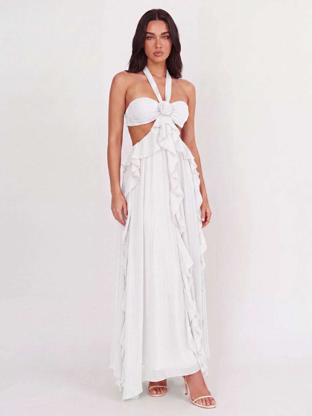 ALESSIA Women's Halterneck Cut-Out Ruffle Maxi Dress