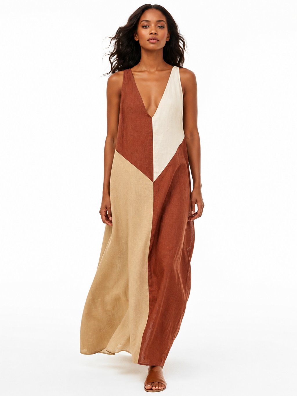 LUCIENNE Women's Colorblock V-Neck Sleeveless Maxi Dress