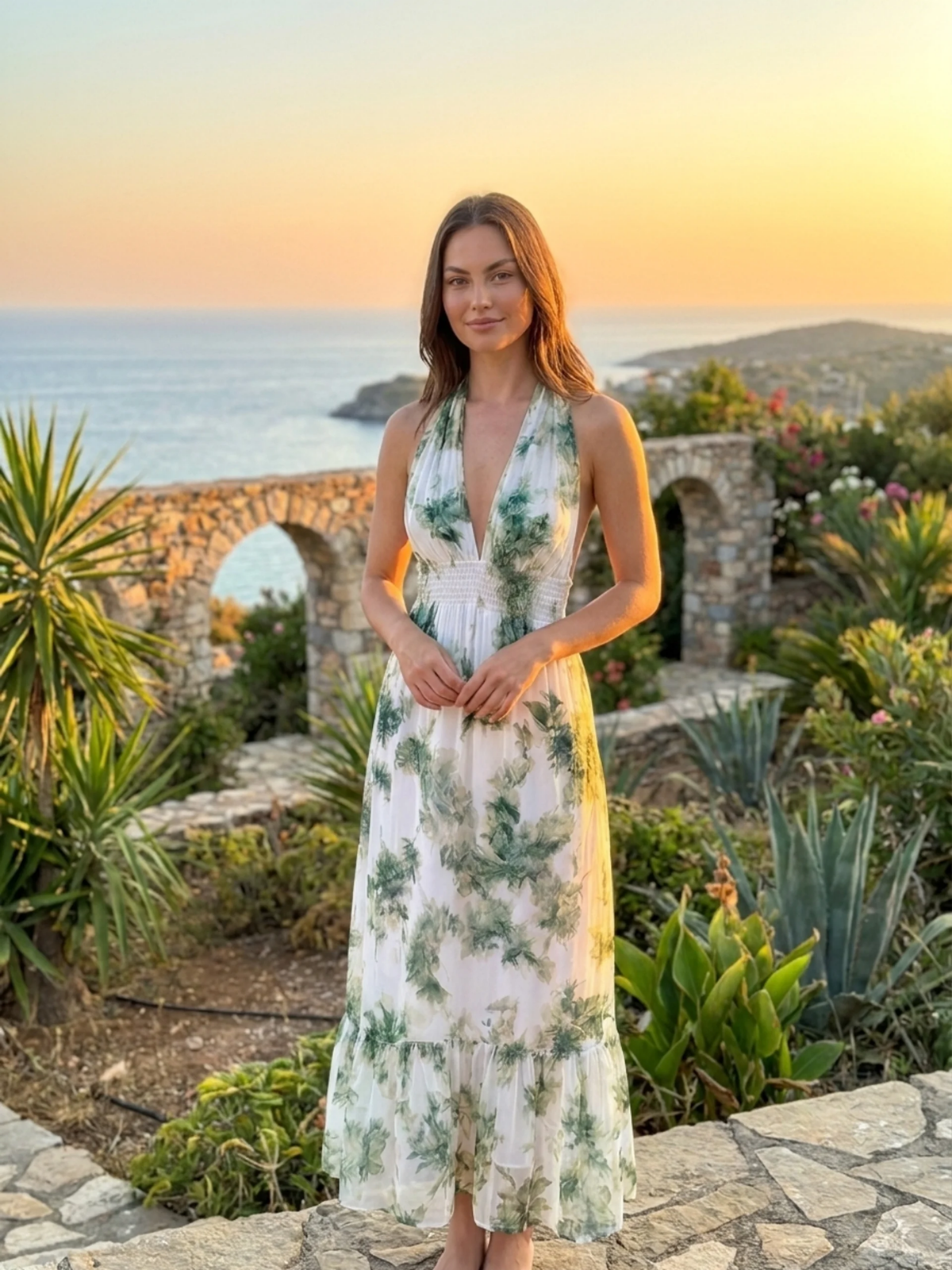 AERYN Women's Botanical Halter Neck Chiffon Midi Dress