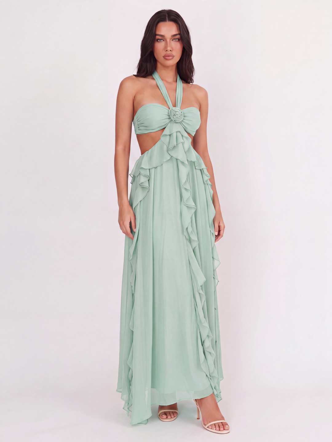 ALESSIA Women's Halterneck Cut-Out Ruffle Maxi Dress