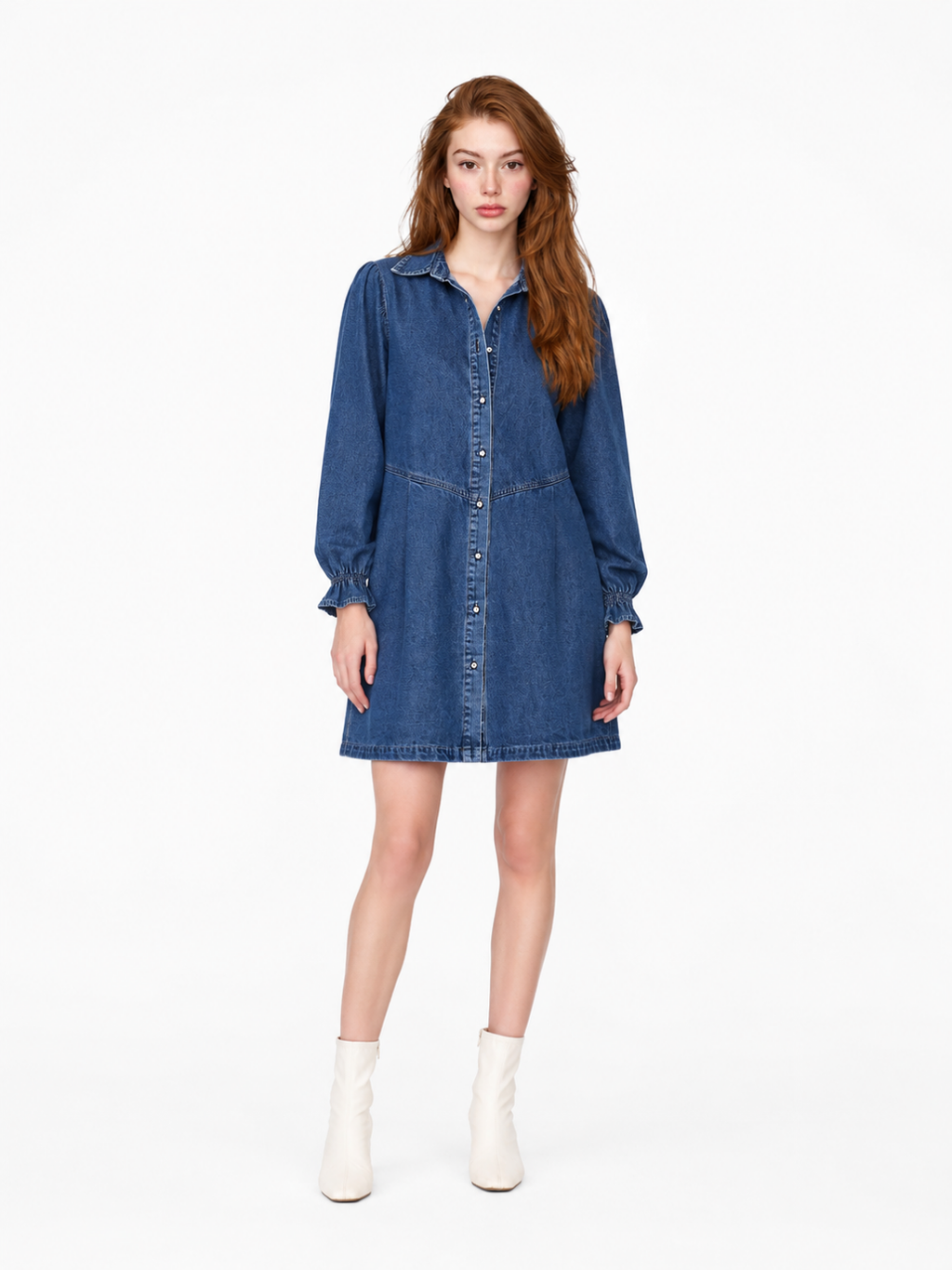 TALORA Women's Long Sleeve Washed Denim Button-Front Mini Dress