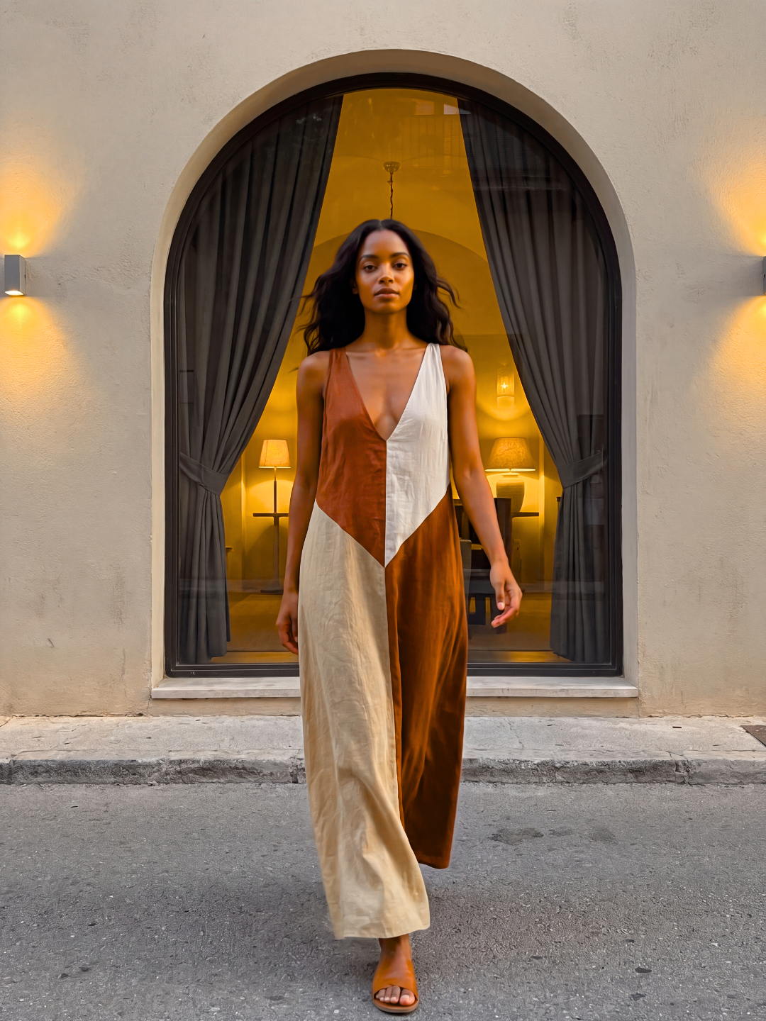 LUCIENNE Women's Colorblock V-Neck Sleeveless Maxi Dress
