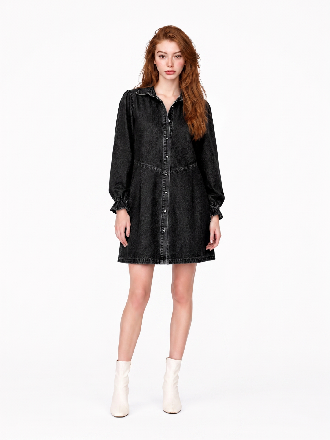 TALORA Women's Long Sleeve Washed Denim Button-Front Mini Dress