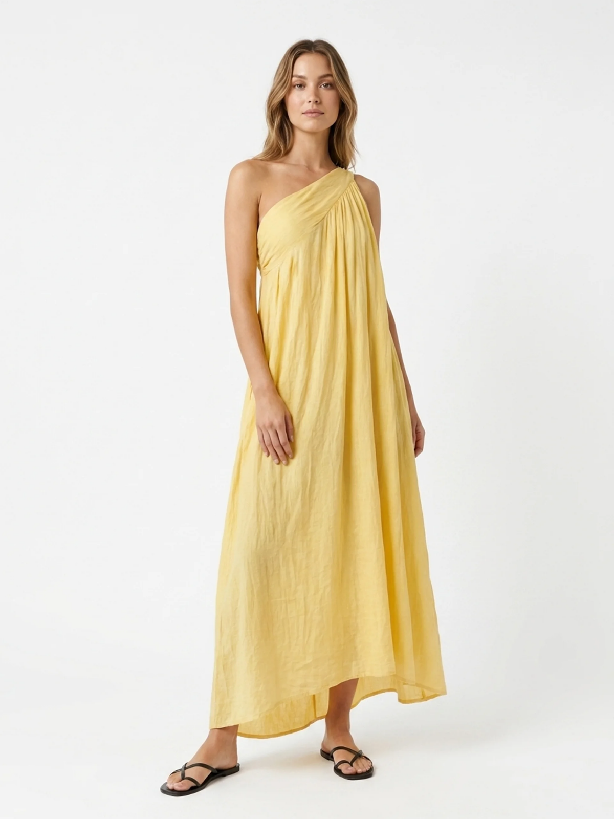 IDALINA Women's One-Shoulder Draped Linen Maxi Dress