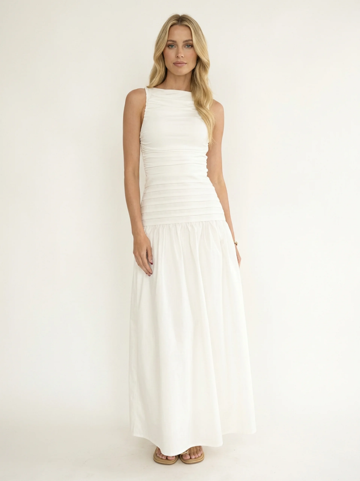 PRISCA Women's High-Neck Pintuck Drop-Waist Maxi Dress