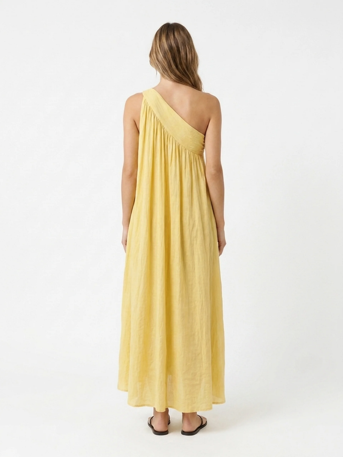 IDALINA Women's One-Shoulder Draped Linen Maxi Dress