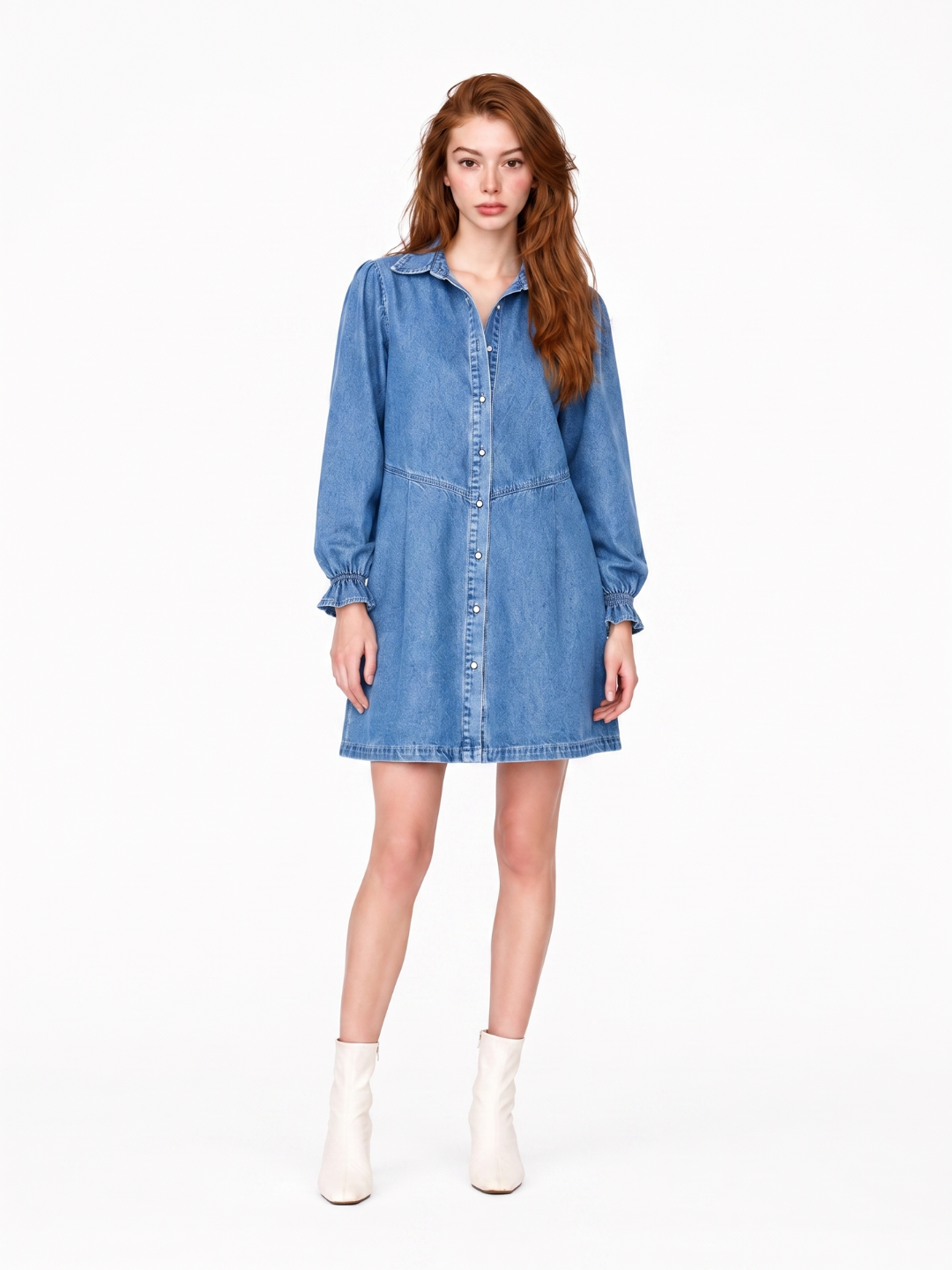 TALORA Women's Long Sleeve Washed Denim Button-Front Mini Dress