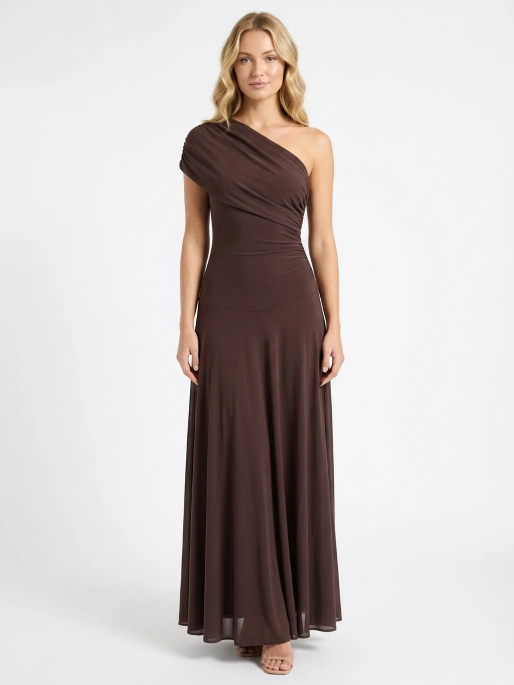 DELYTH Women's One-Shoulder Draped Mesh Maxi Dress
