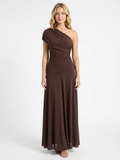 DELYTH Women's One-Shoulder Draped Mesh Maxi Dress