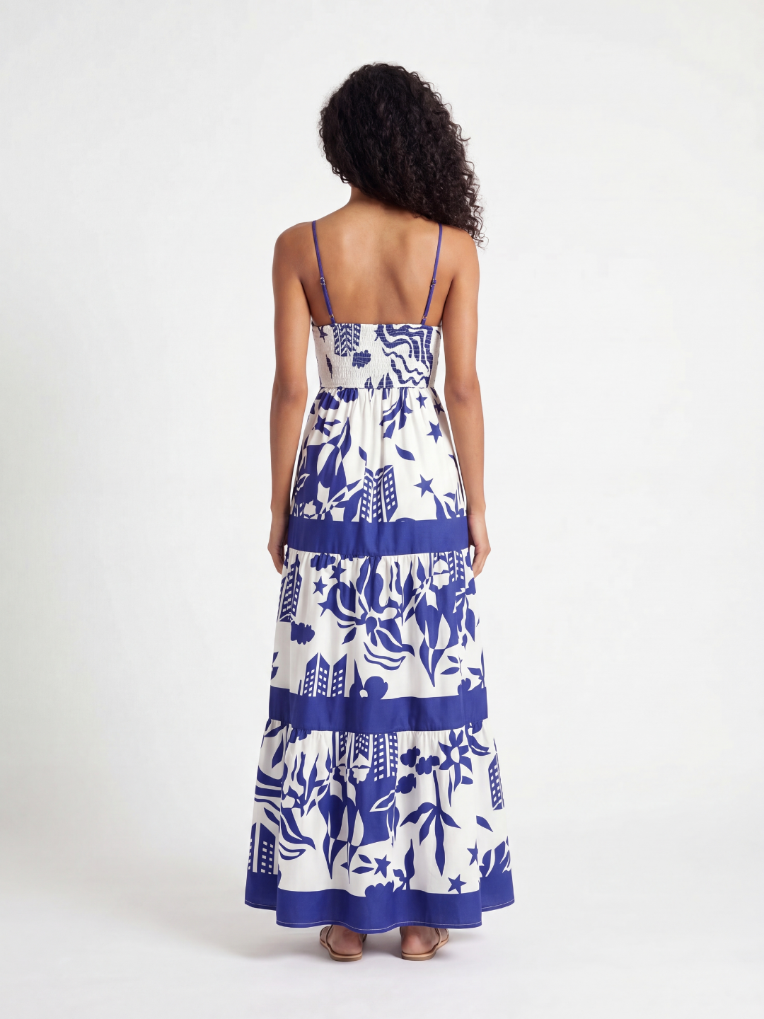 SOLENZA Women's Square-Neck Tiered Maxi Dress with Tropical Print