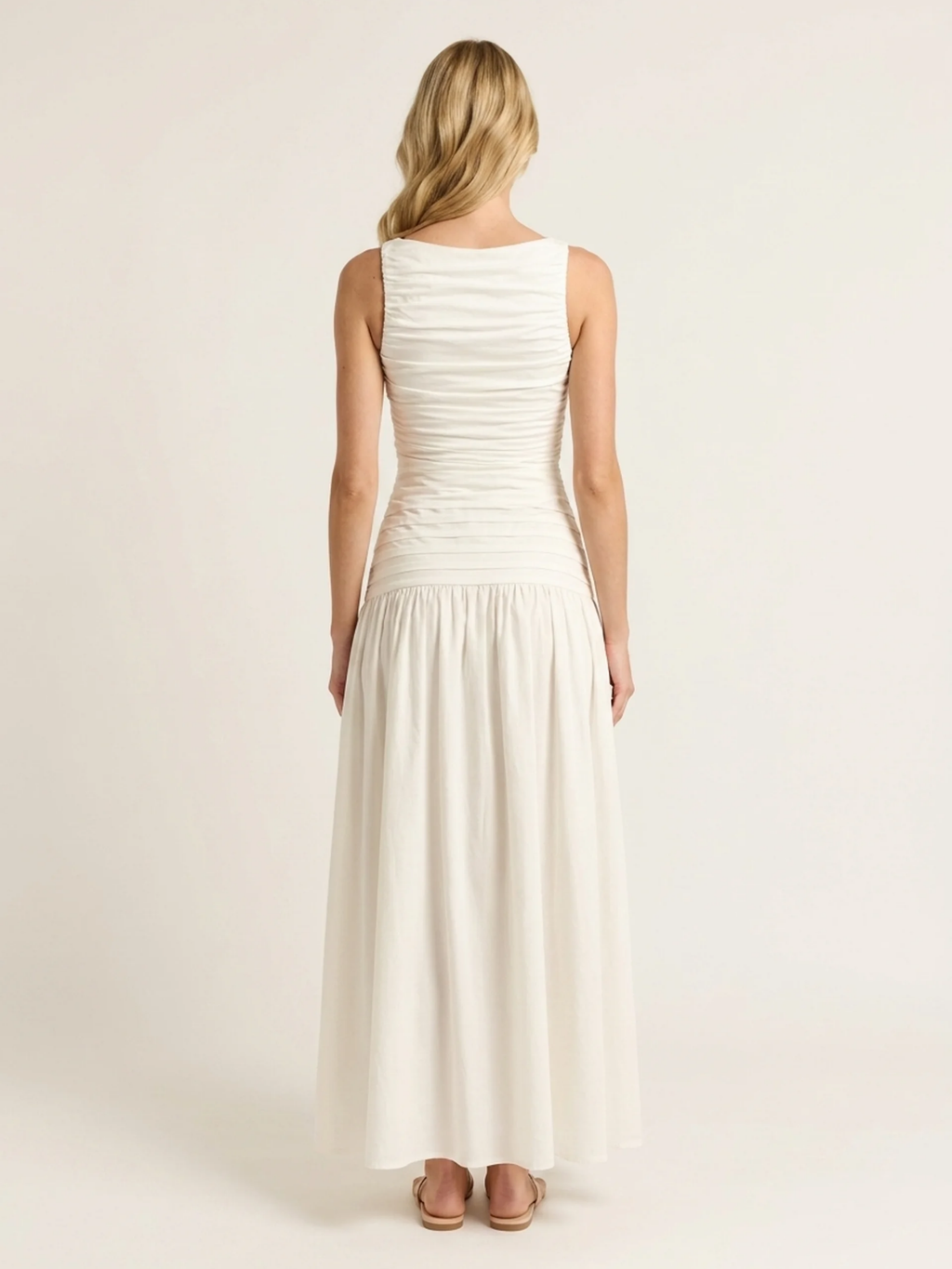 PRISCA Women's High-Neck Pintuck Drop-Waist Maxi Dress