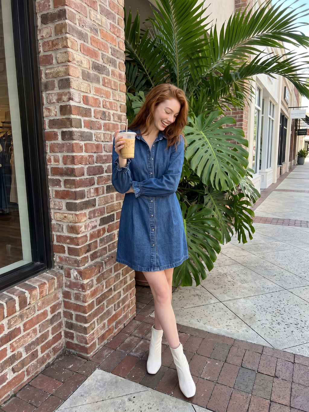 TALORA Women's Long Sleeve Washed Denim Button-Front Mini Dress