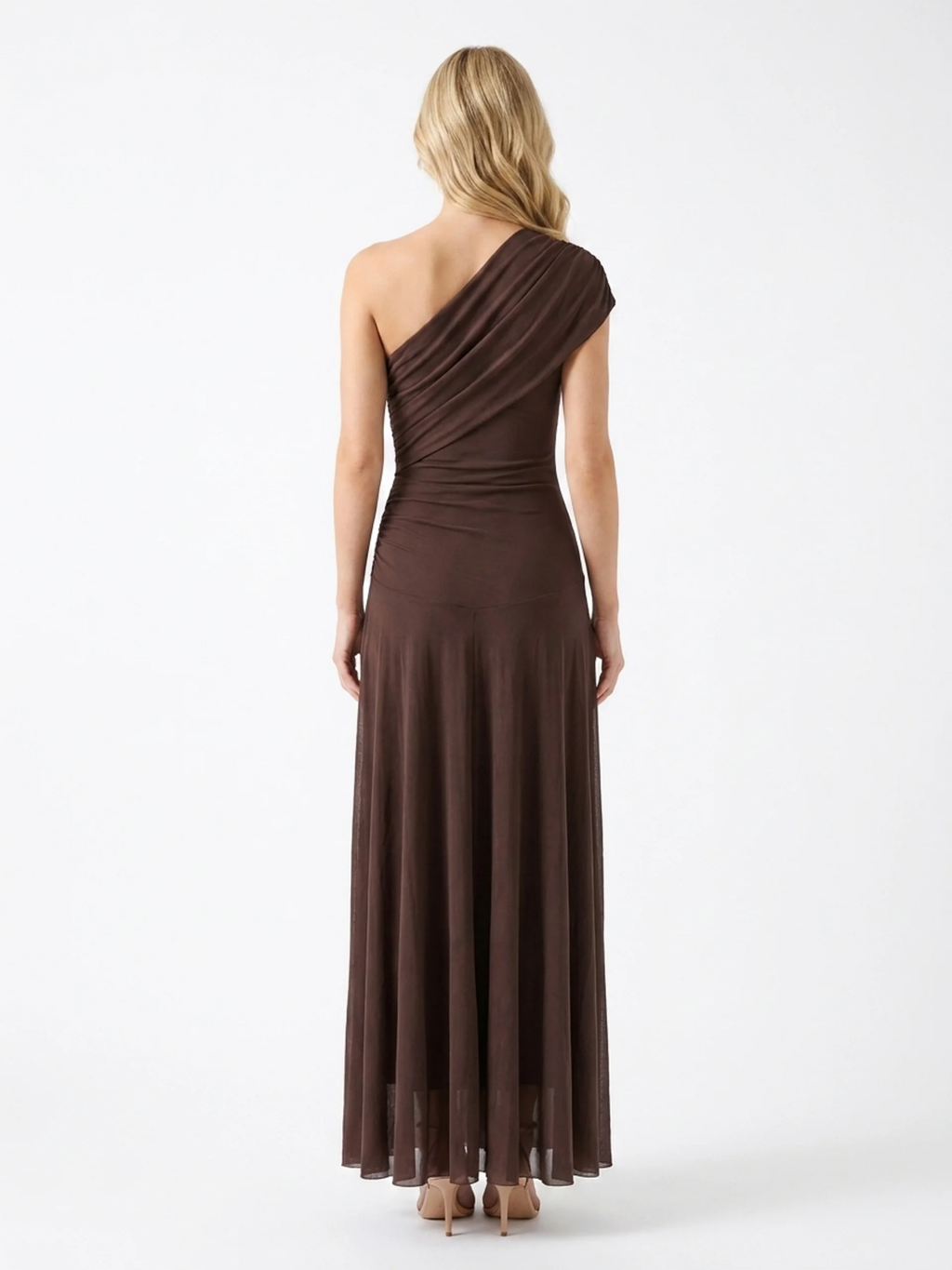 DELYTH Women's One-Shoulder Draped Mesh Maxi Dress