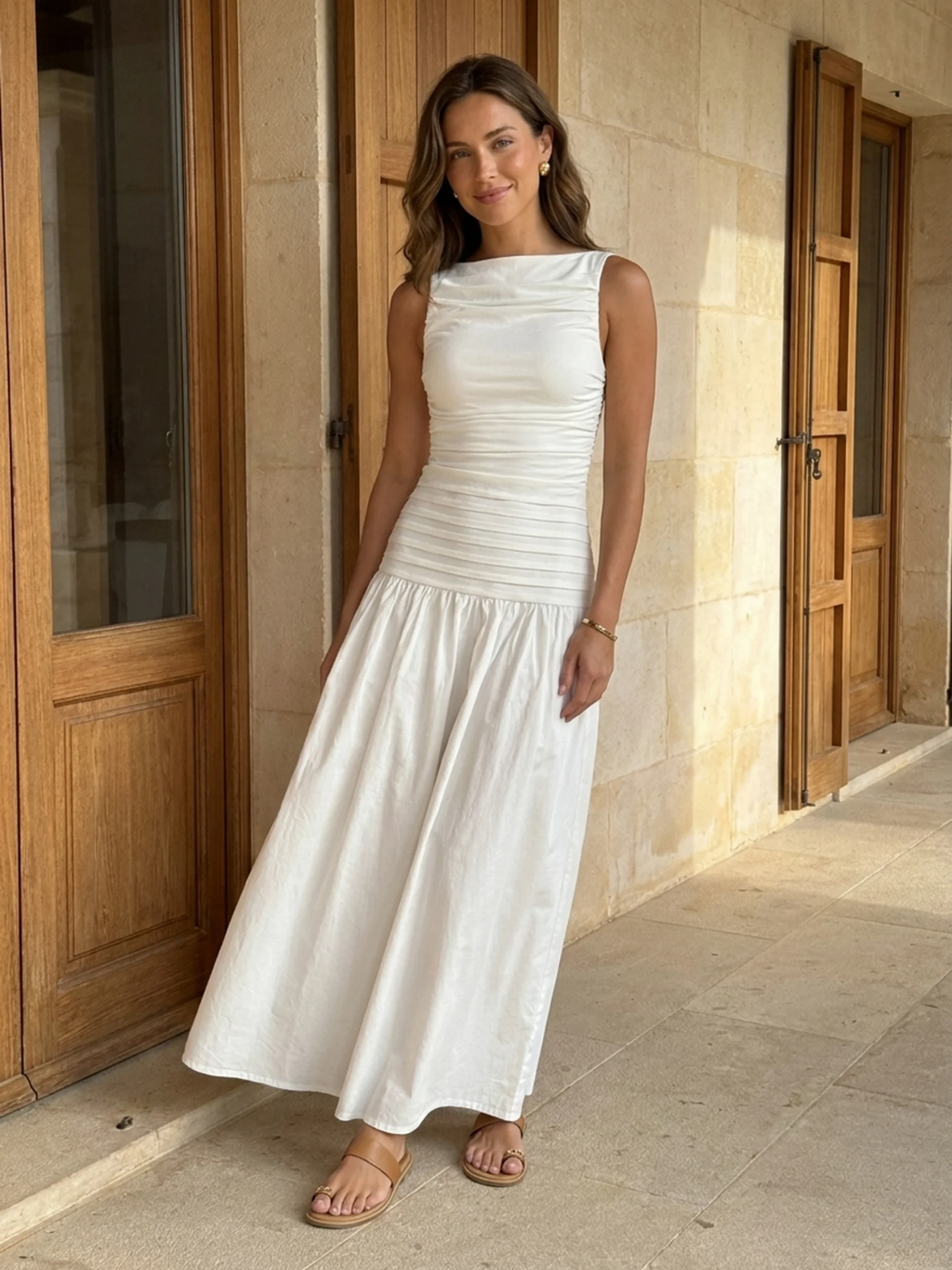 PRISCA Women's High-Neck Pintuck Drop-Waist Maxi Dress