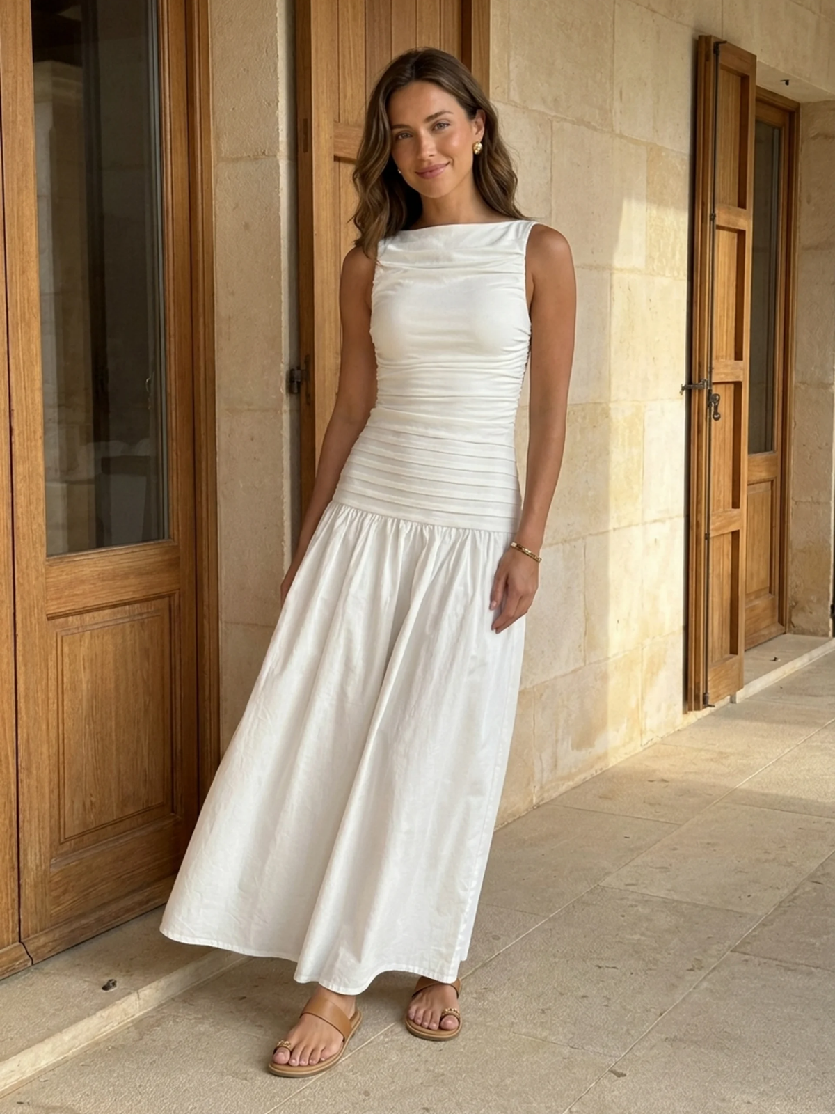PRISCA Women's High-Neck Pintuck Drop-Waist Maxi Dress
