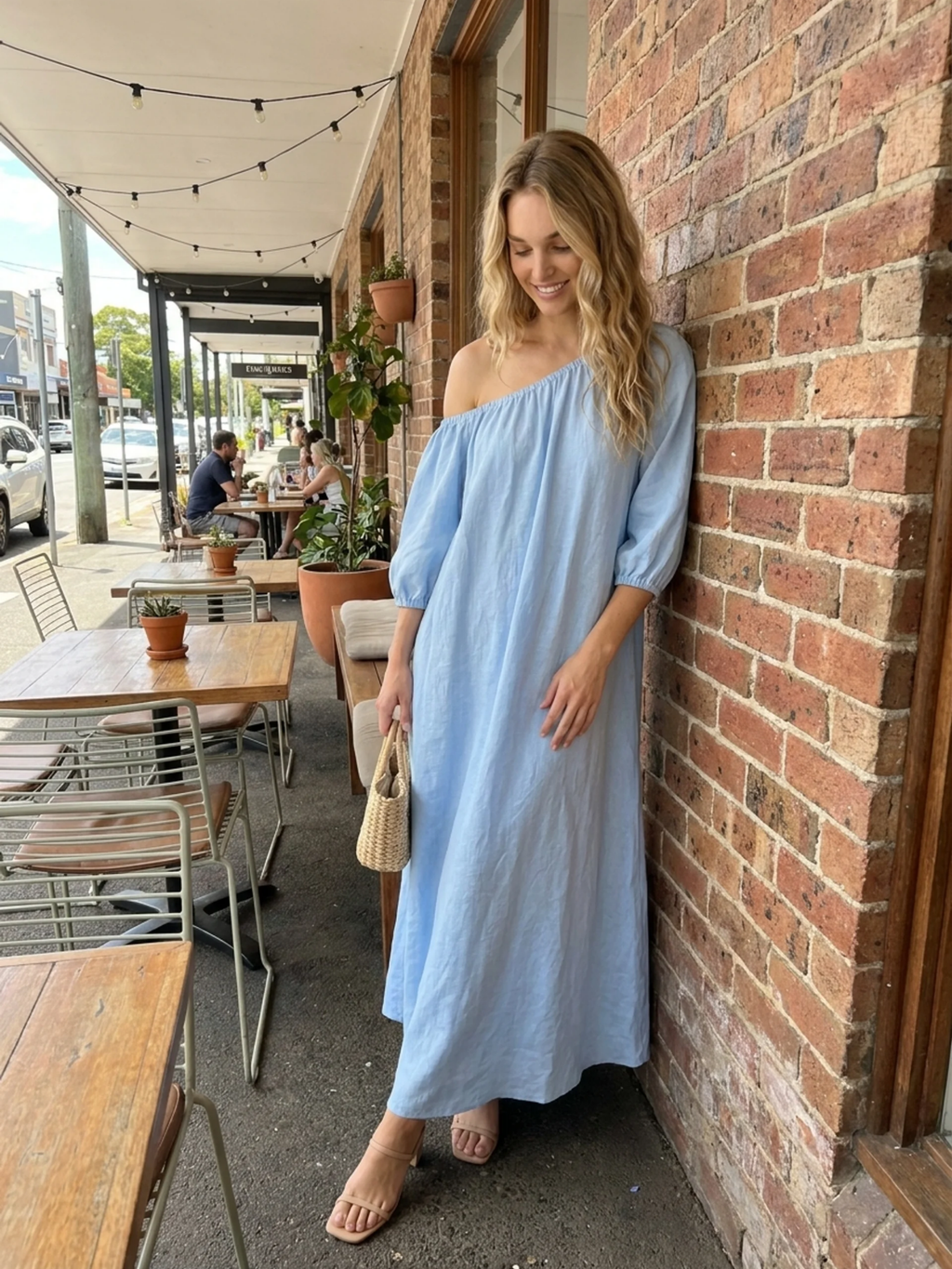 RAVENSWORTH Women's One-Shoulder Balloon Sleeve Linen-Blend Maxi Dress