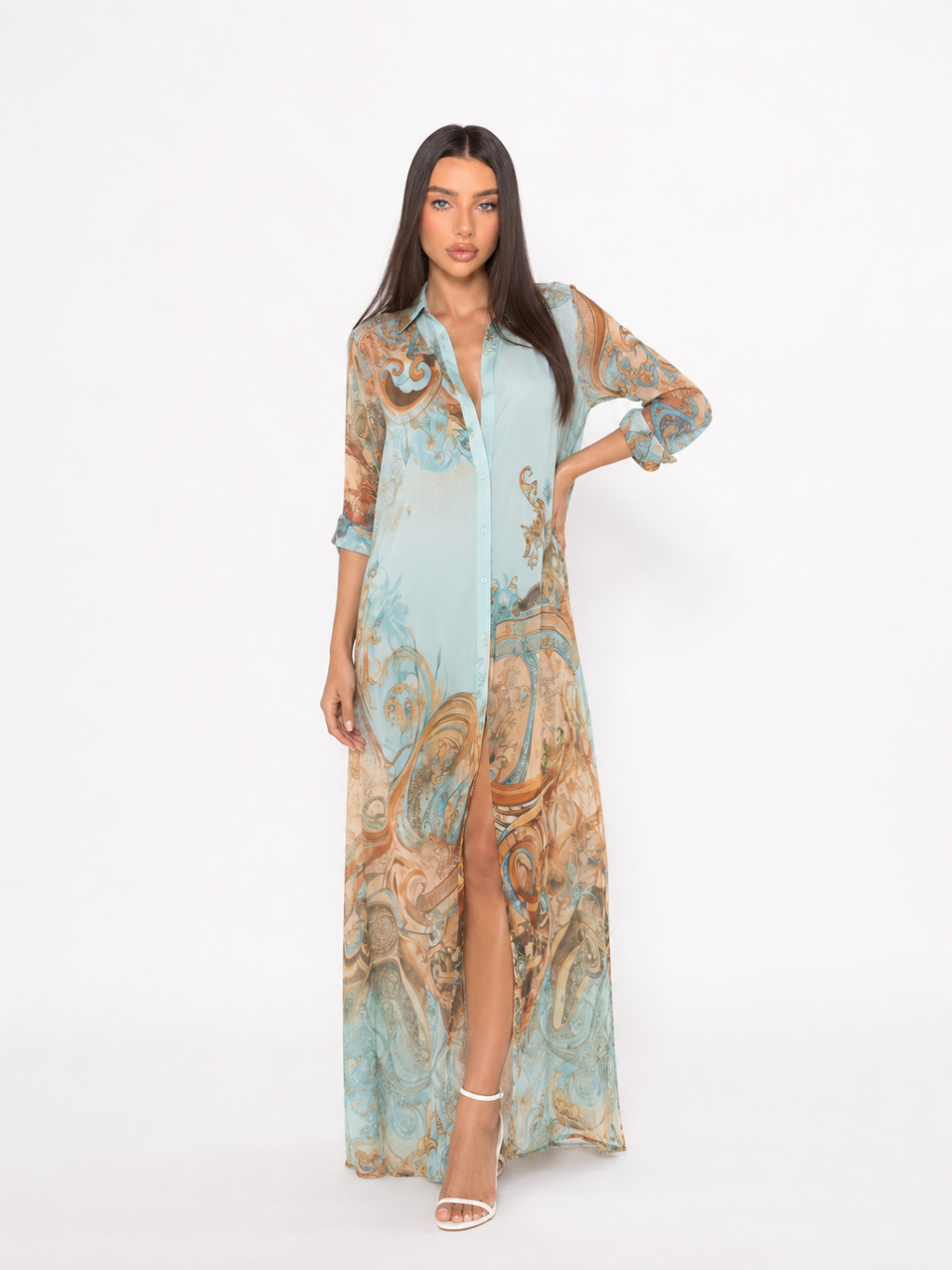 INES Women's Floral Print Chiffon Button-Front Midi Shirt Dress