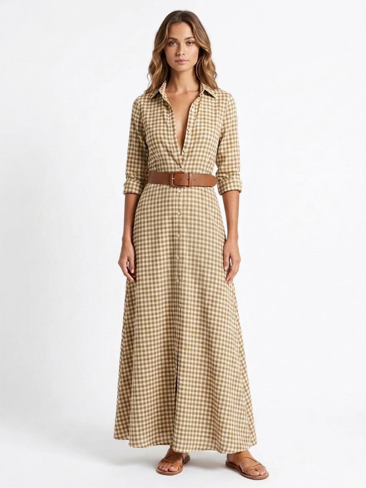 FLORENTYNA Women's Gingham Belted Wrap Shirt Maxi Dress