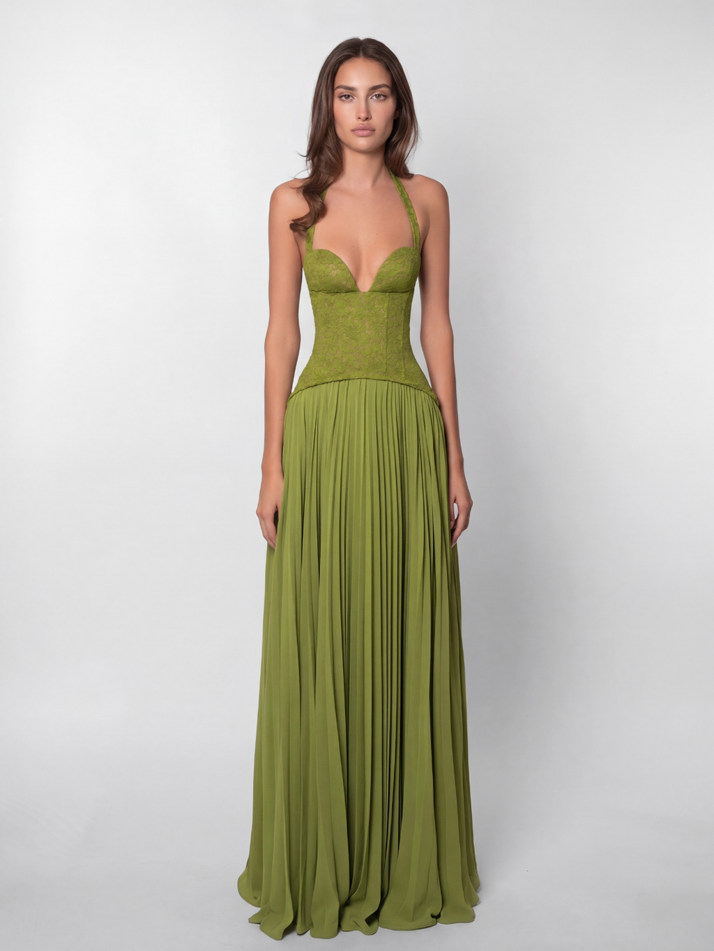 SERAPHINE Women's Lace Corset Halterneck Pleated Maxi Dress