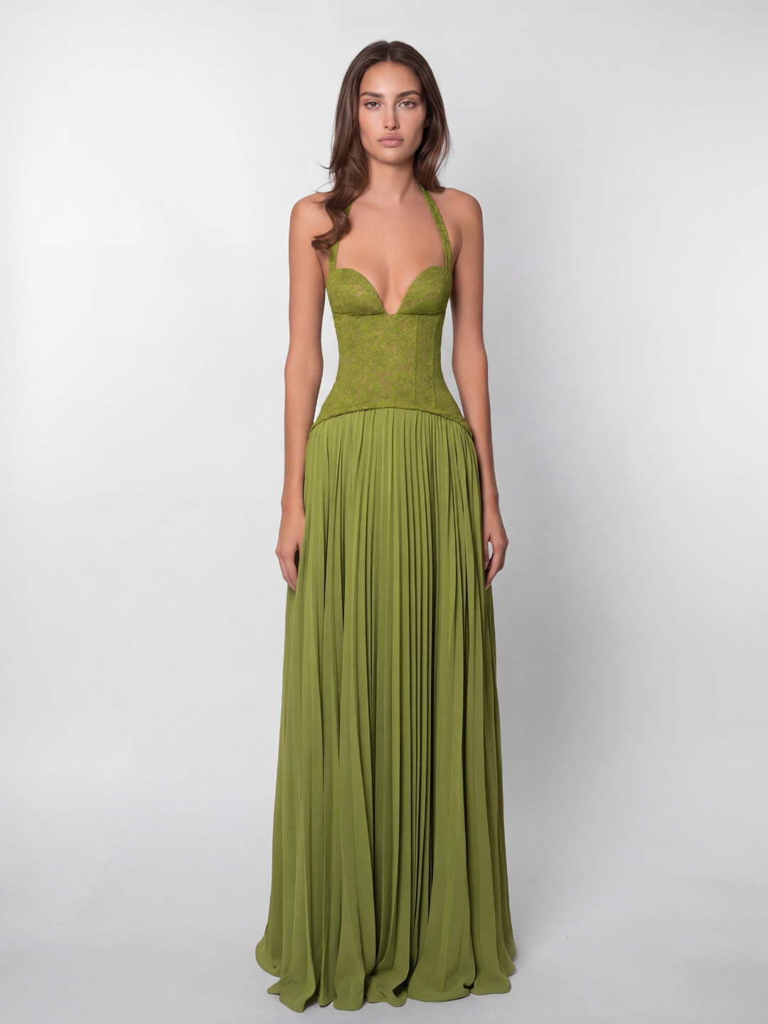 SERAPHINE Women's Lace Corset Halterneck Pleated Maxi Dress