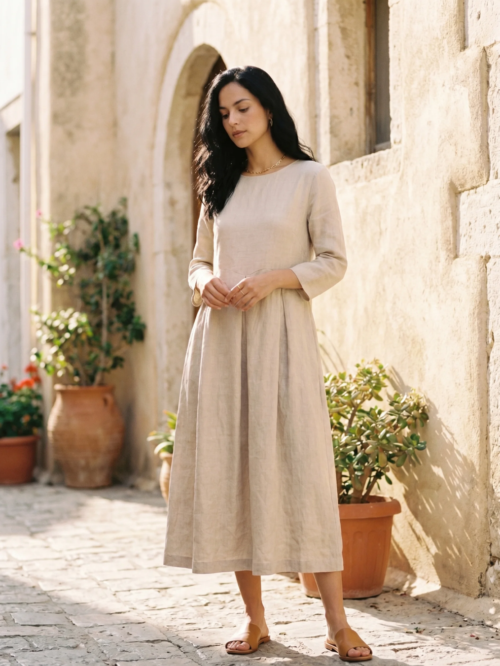 JESSAMYN Women's Long-Sleeve Linen Pleated Maxi Dress with Pockets