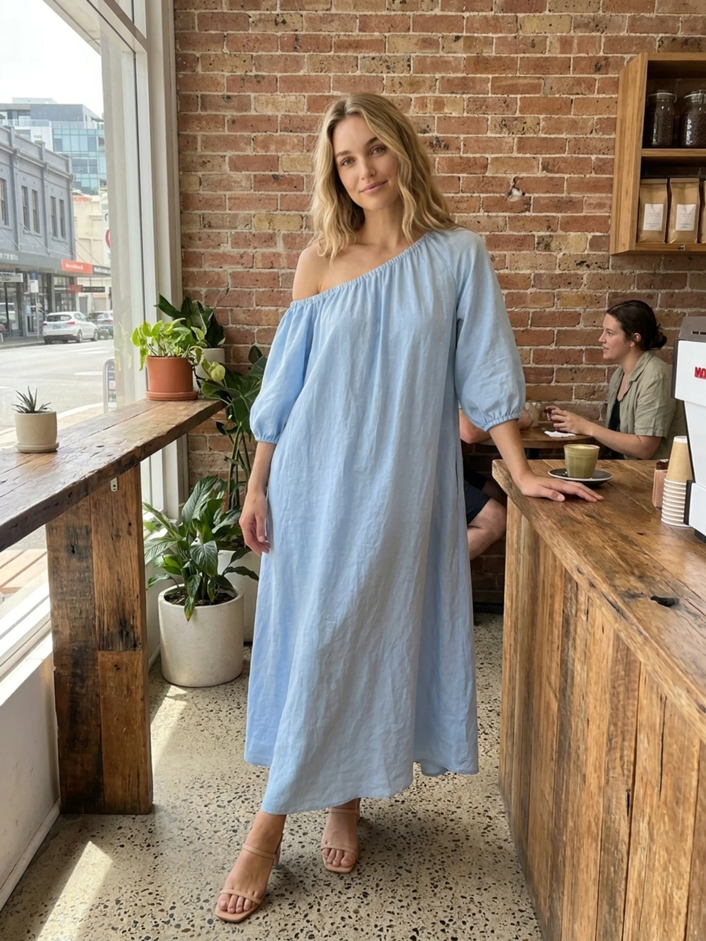 RAVENSWORTH Women's One-Shoulder Balloon Sleeve Linen-Blend Maxi Dress