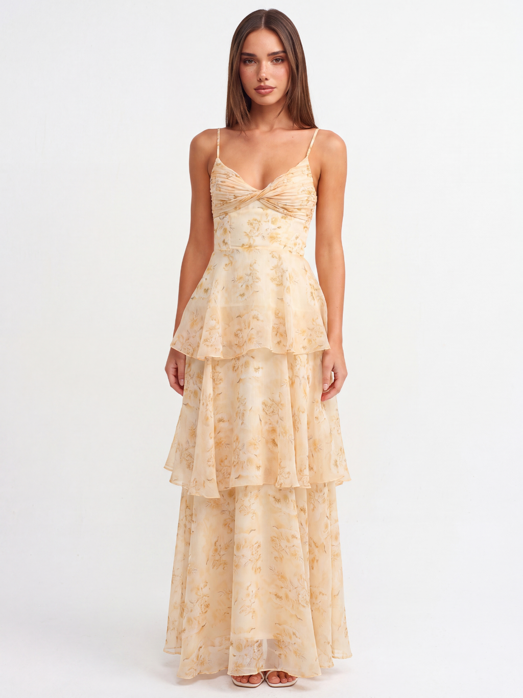 CARYS Women's Pleated Twist Tiered Maxi Dress with Floral Print