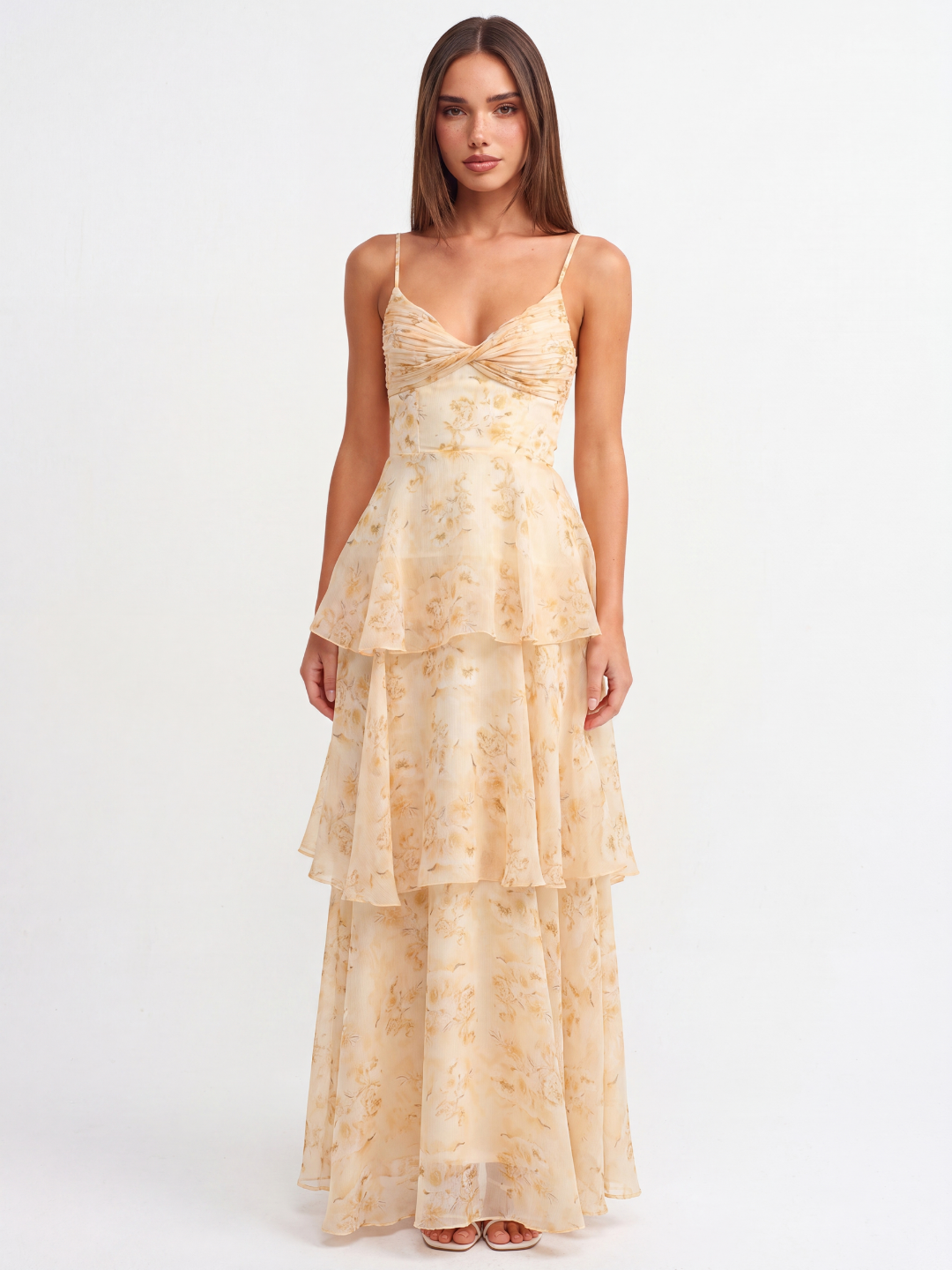 CARYS Women's Pleated Twist Tiered Maxi Dress with Floral Print