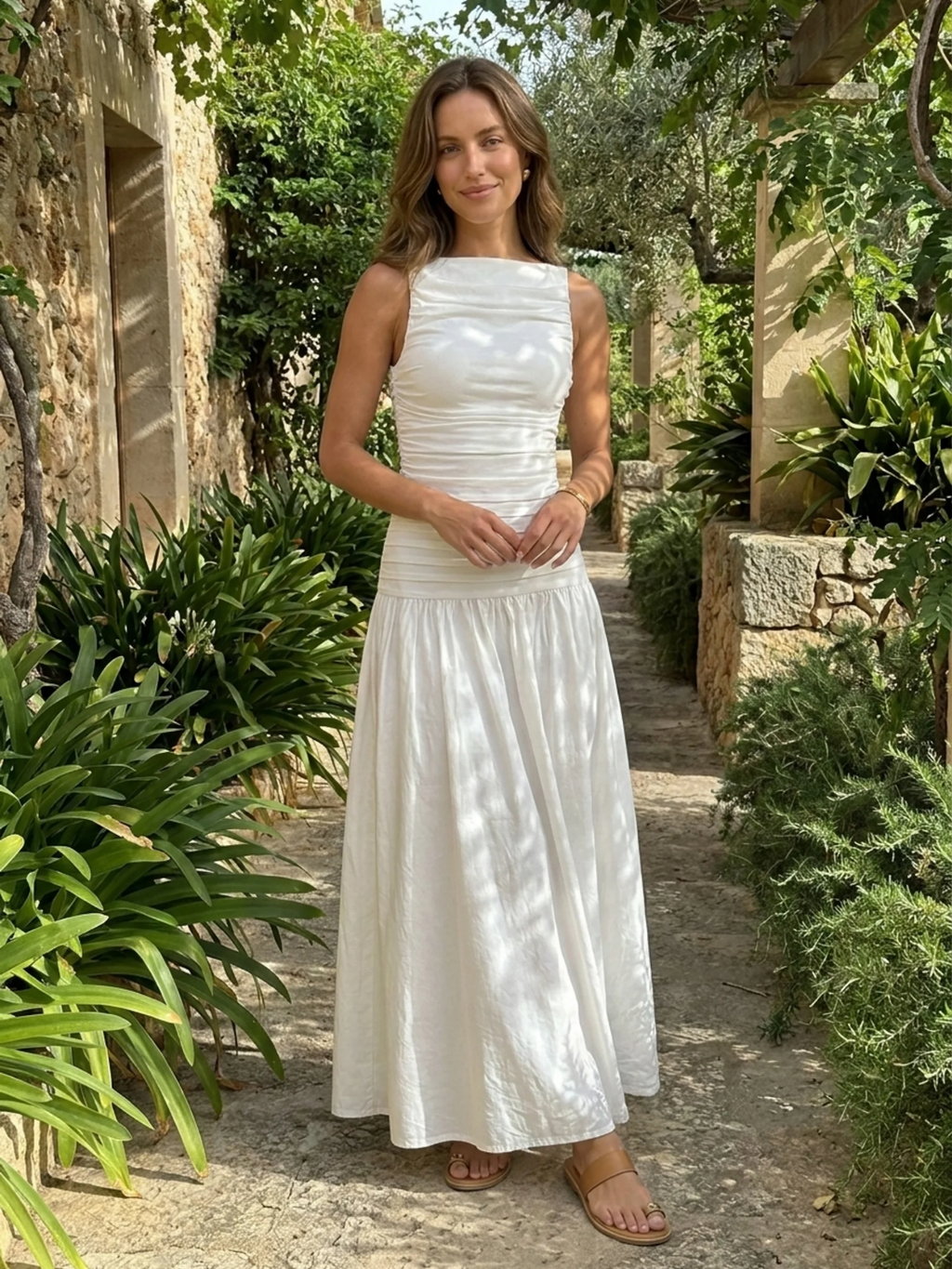 PRISCA Women's High-Neck Pintuck Drop-Waist Maxi Dress