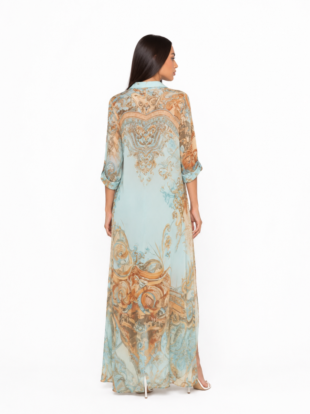 INES Women's Floral Print Chiffon Button-Front Midi Shirt Dress