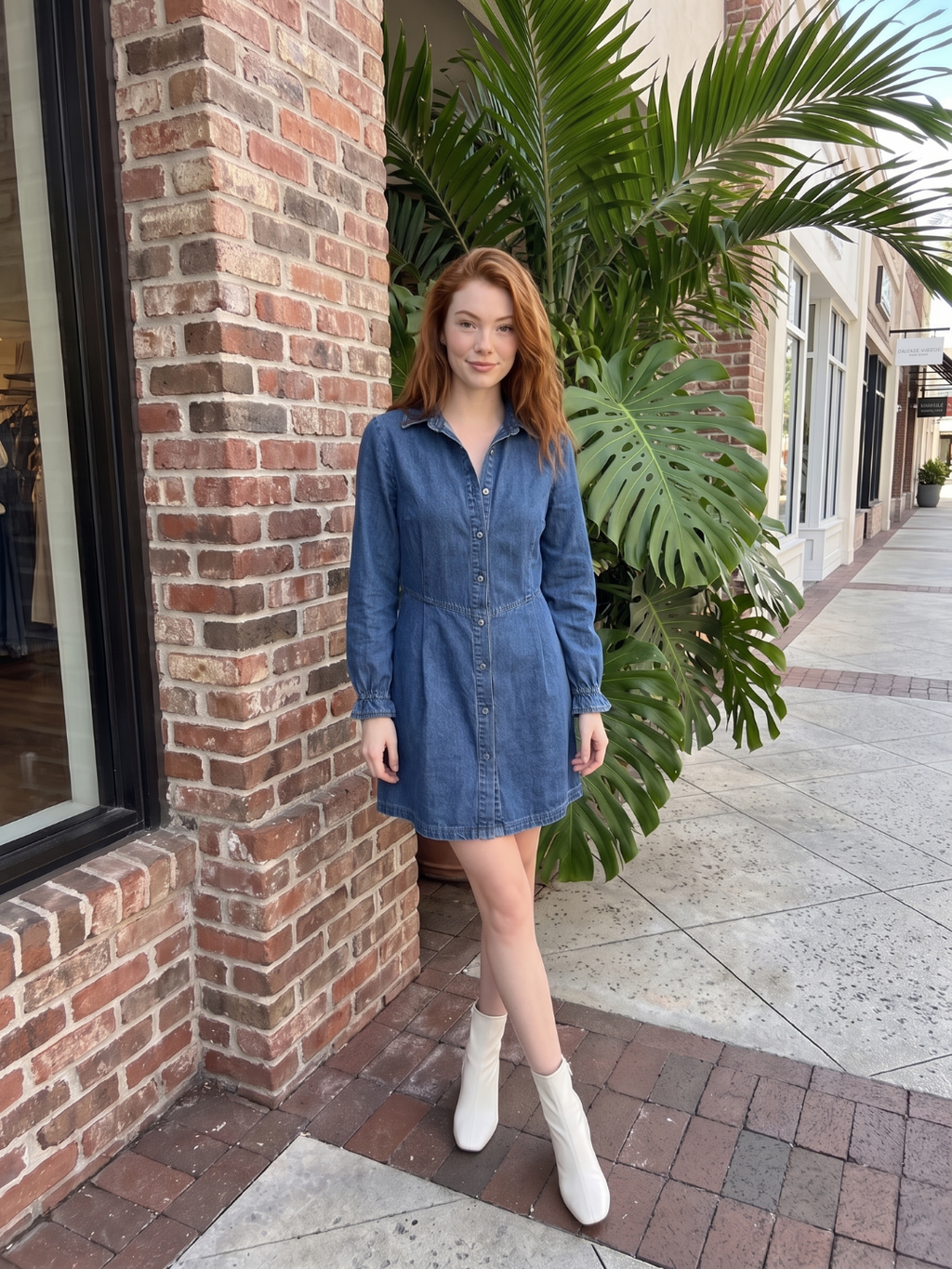 TALORA Women's Long Sleeve Washed Denim Button-Front Mini Dress