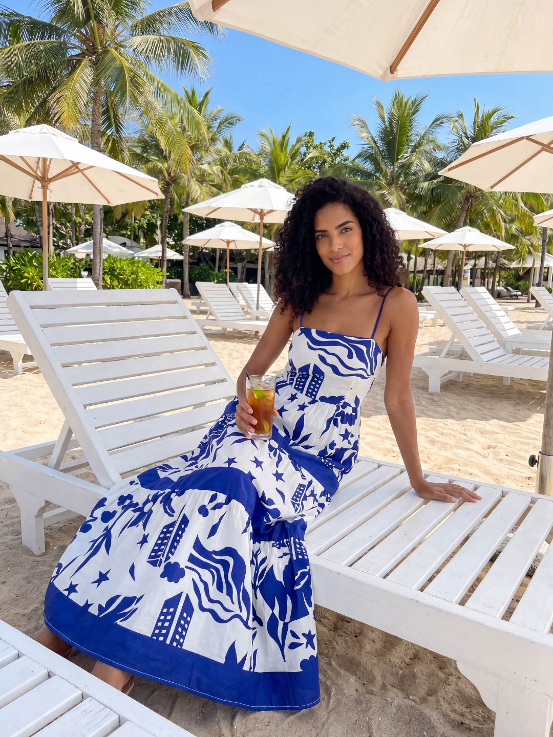 SOLENZA Women's Square-Neck Tiered Maxi Dress with Tropical Print