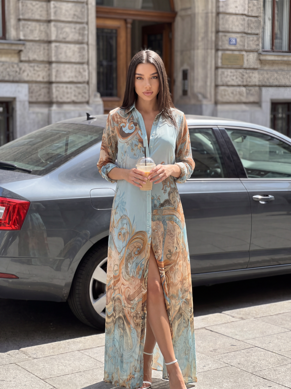 INES Women's Floral Print Chiffon Button-Front Midi Shirt Dress
