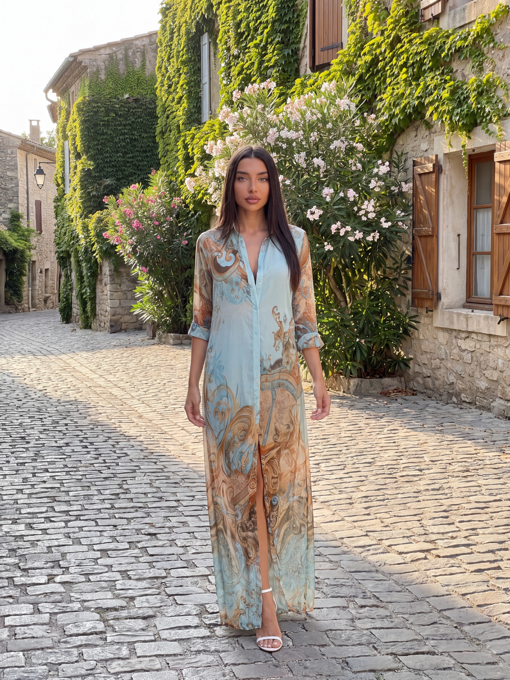 INES Women's Floral Print Chiffon Button-Front Midi Shirt Dress