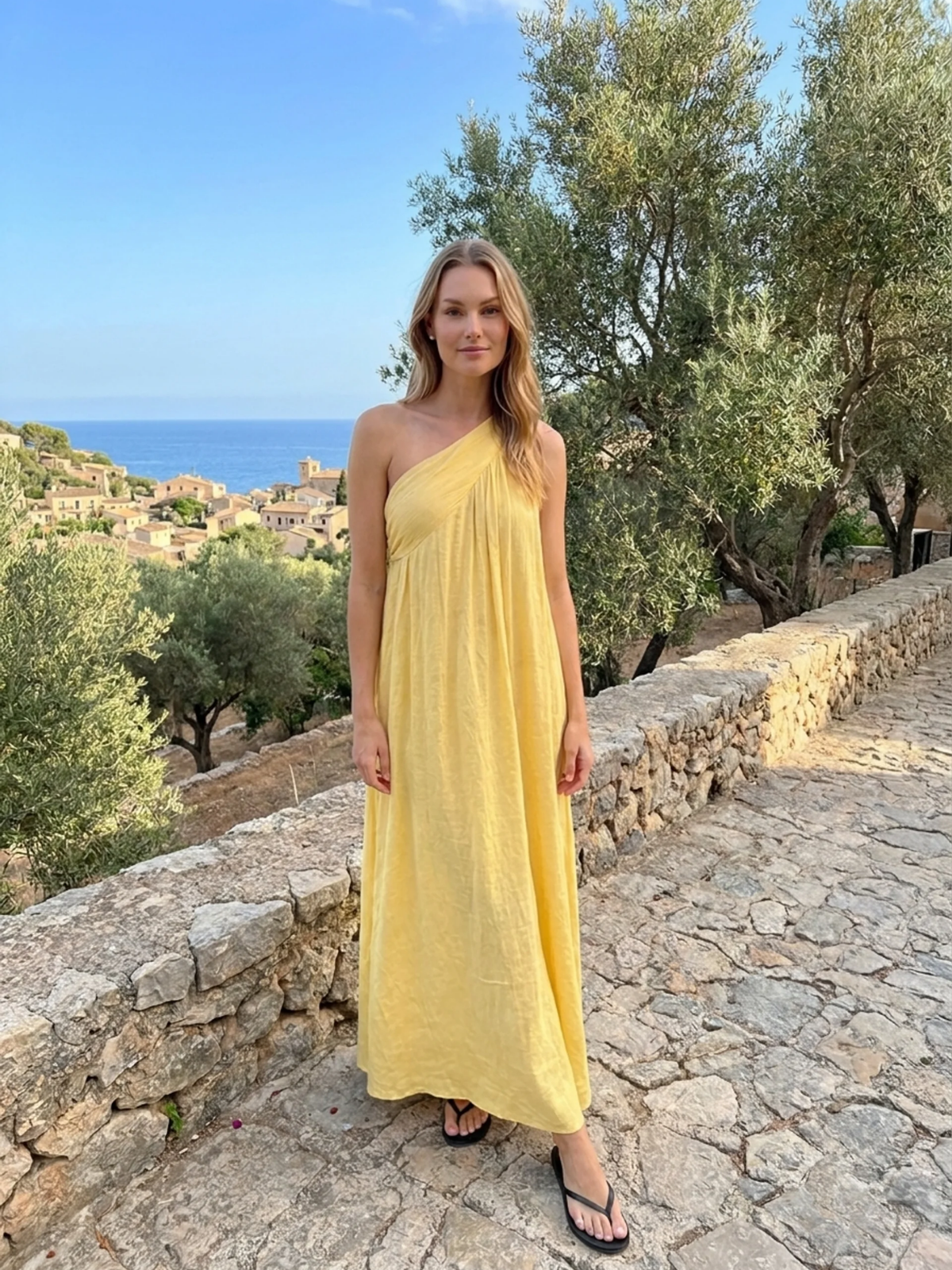 IDALINA Women's One-Shoulder Draped Linen Maxi Dress