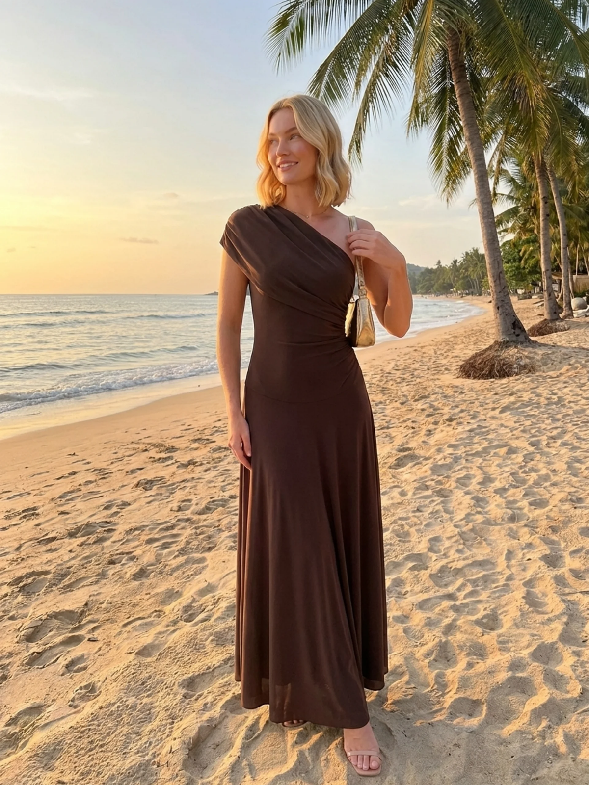 DELYTH Women's One-Shoulder Draped Mesh Maxi Dress
