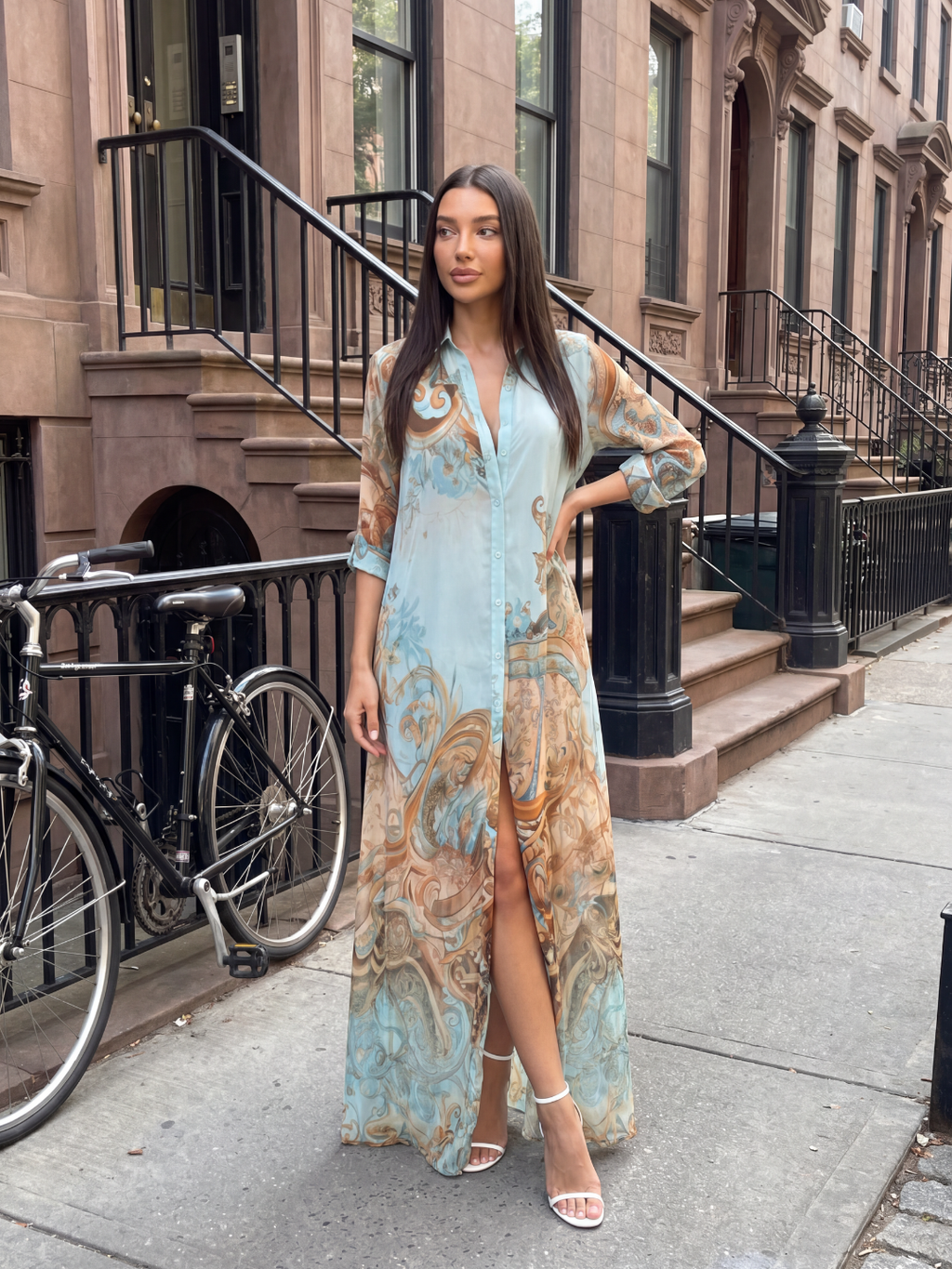 INES Women's Floral Print Chiffon Button-Front Midi Shirt Dress