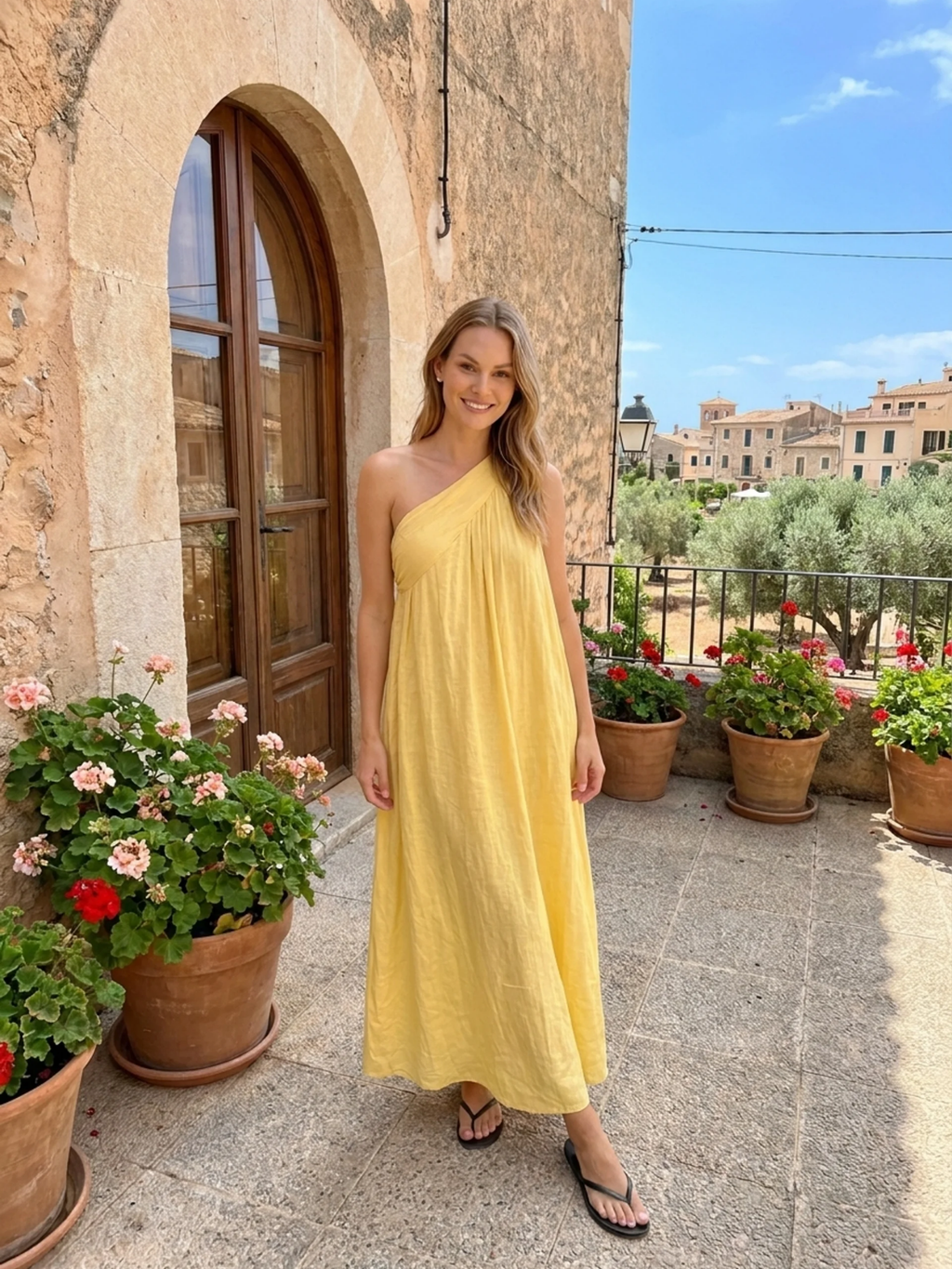 IDALINA Women's One-Shoulder Draped Linen Maxi Dress