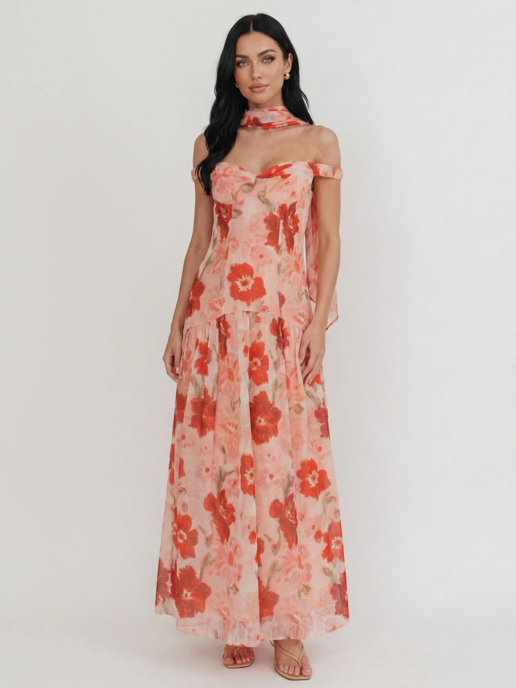 AMBROSINE Women's Floral Off-Shoulder Drop-Waist Maxi Dress