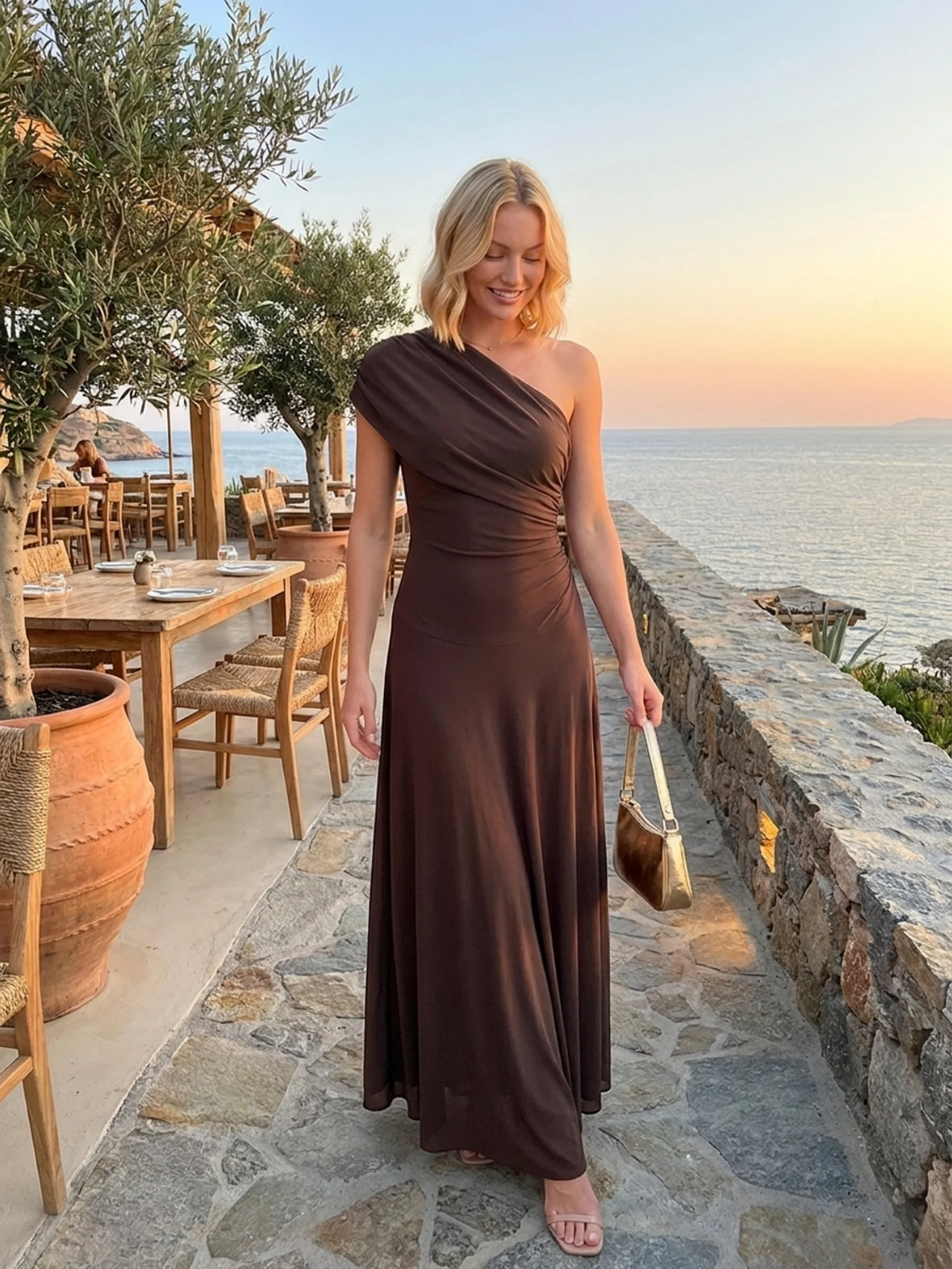 DELYTH Women's One-Shoulder Draped Mesh Maxi Dress