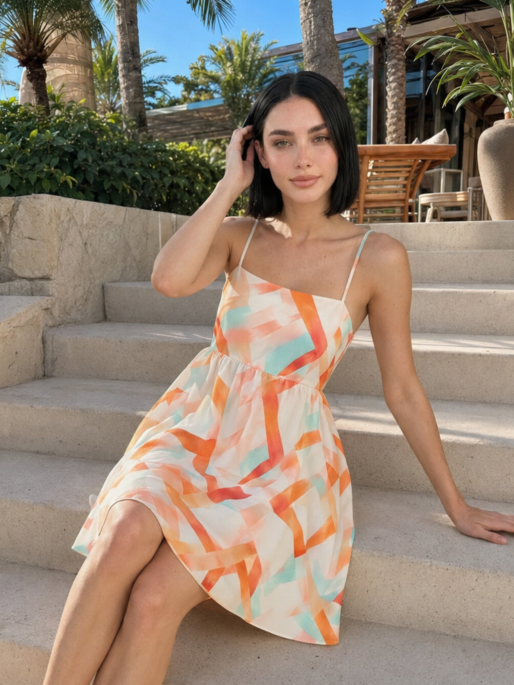 CORVINELLE Women's Square-Neck Mini Dress with Abstract Print