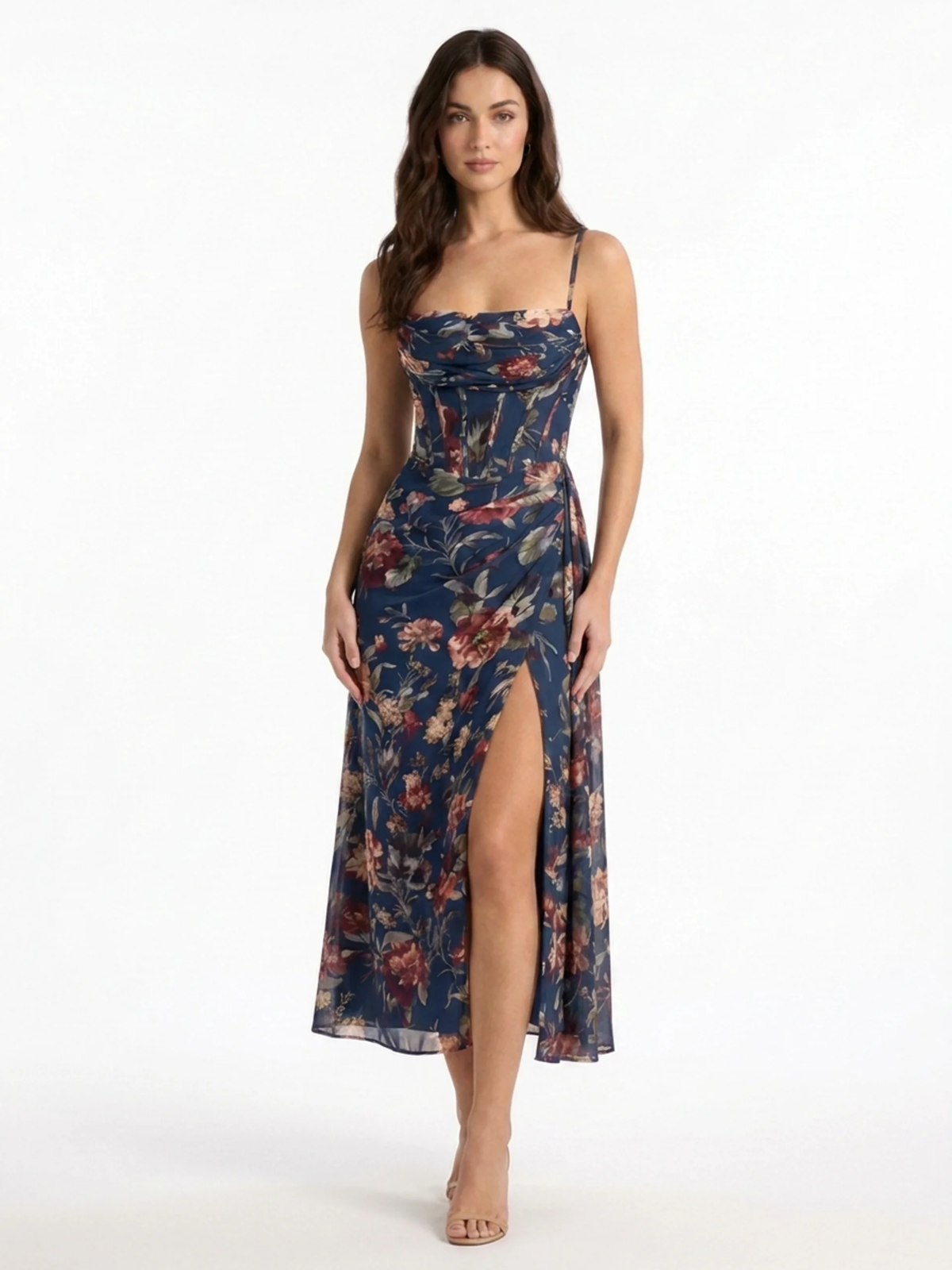 BELLWOOD Women's Floral Chiffon Corset Midi Dress