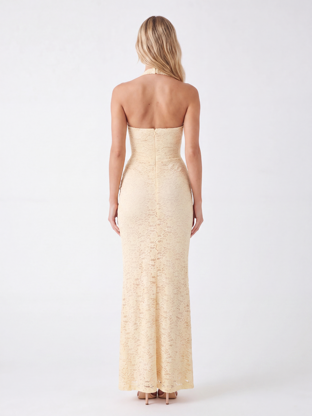MAYLIN Women's Halter Lace Maxi Dress with V-Bodice
