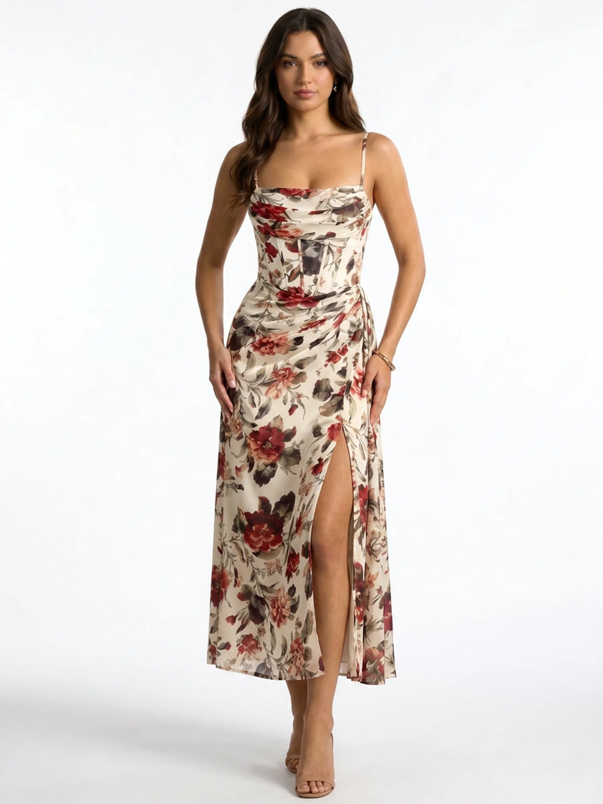 BELLWOOD Women's Floral Chiffon Corset Midi Dress
