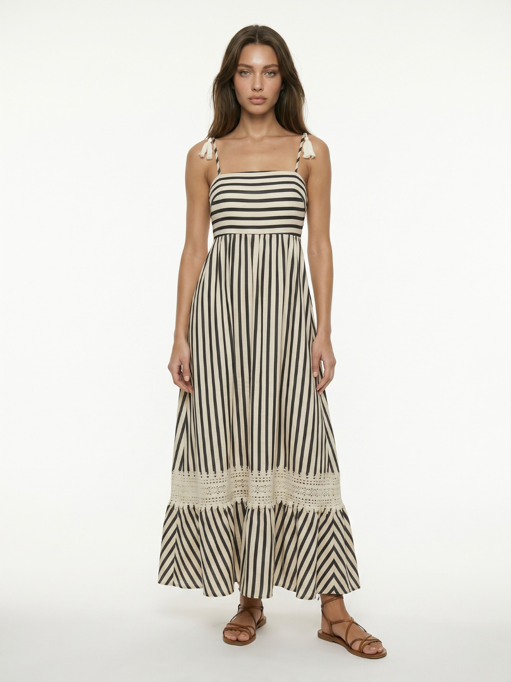 TALYN Women's Square-Neck Striped Maxi Dress with Lace Trim
