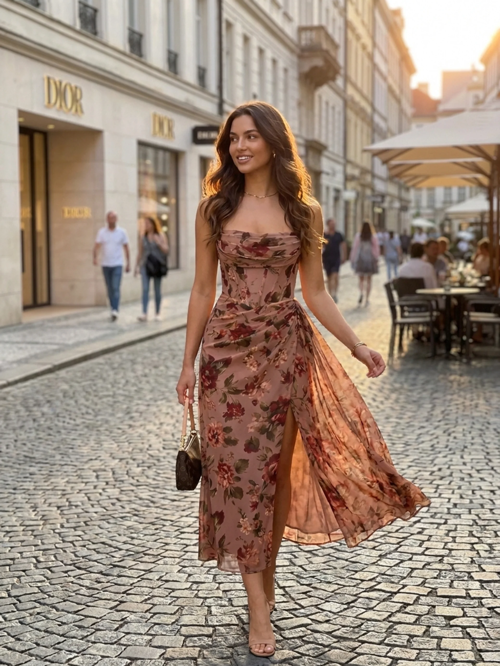 BELLWOOD Women's Floral Chiffon Corset Midi Dress