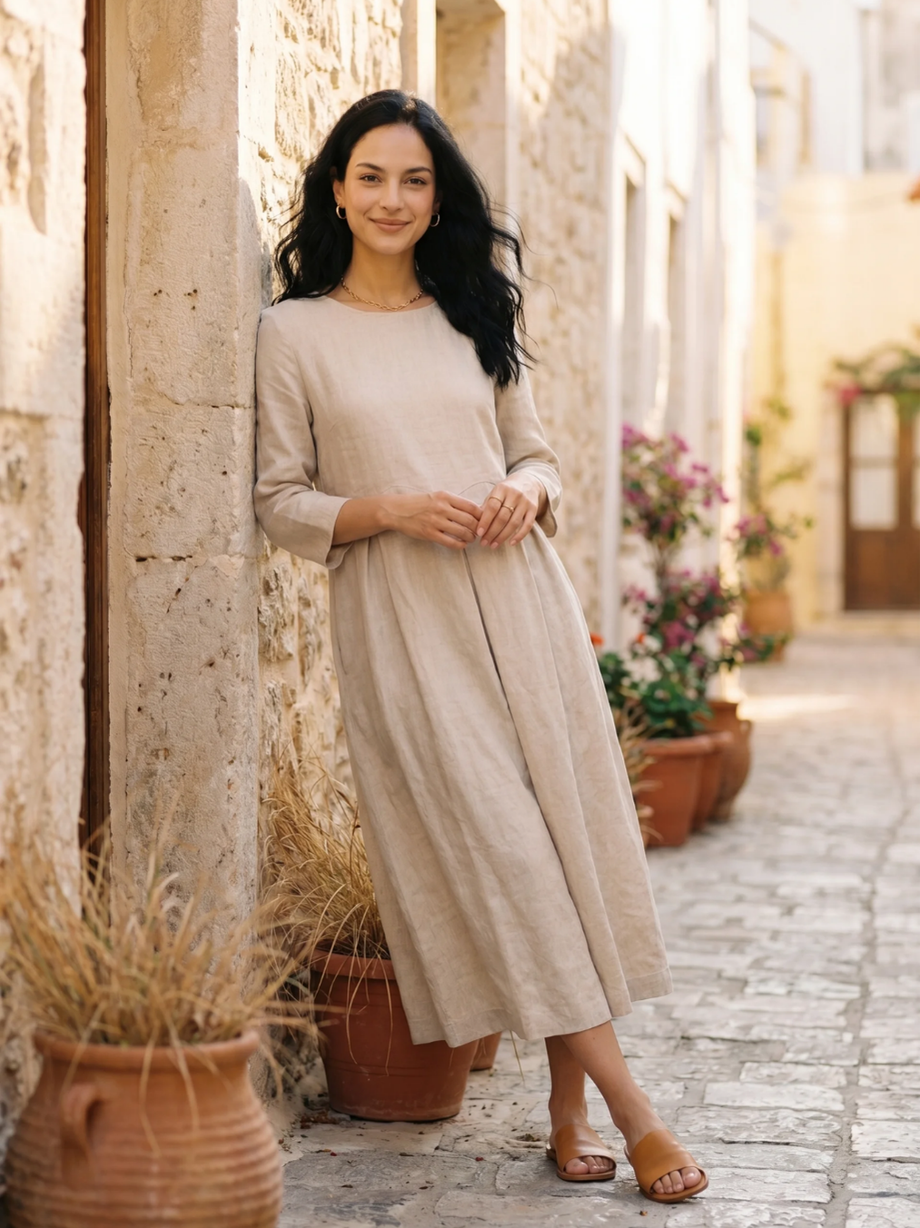 JESSAMYN Women's Long-Sleeve Linen Pleated Maxi Dress with Pockets
