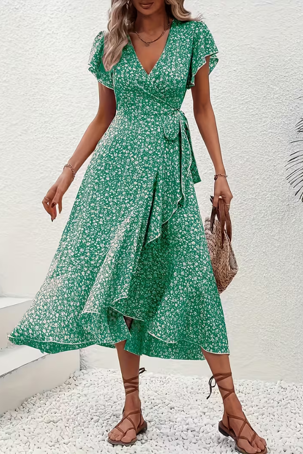 JORUNN Women's Short Sleeve Floral Print Wrap Maxi Dress