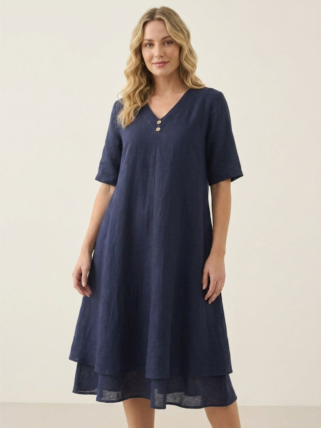 PALMA Women's Short Sleeve Linen Midi Dress with Double Layer Hem