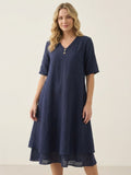 PALMA Women's Short Sleeve Linen Midi Dress with Double Layer Hem